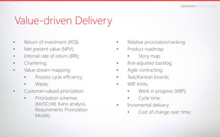 LEANDROFARIA.COM.BR

Value-driven Delivery
• 
• 
• 
• 
• 

• 

Return of investment (ROI);
Net present value (NPV);
Internal rate of return (IRR);
Chartering;
Value stream mapping:
• 
Process cycle efficiency;
• 
Waste;
Customer-valued priorization:
• 
Priorization schemes
(MoSCoW, Kano analysis,
Requirements Priorization
Model);

• 
• 
• 
• 
• 
• 

• 

Relative priorization/ranking;
Product roadmap:
• 
Story map;
Risk-adjusted backlog;
Agile contracting;
Task/Kanban boards;
WIP limits:
• 
Work in progress (WIP);
• 
Cycle time;
Incremental delivery:
• 
Cost of change over time;

 