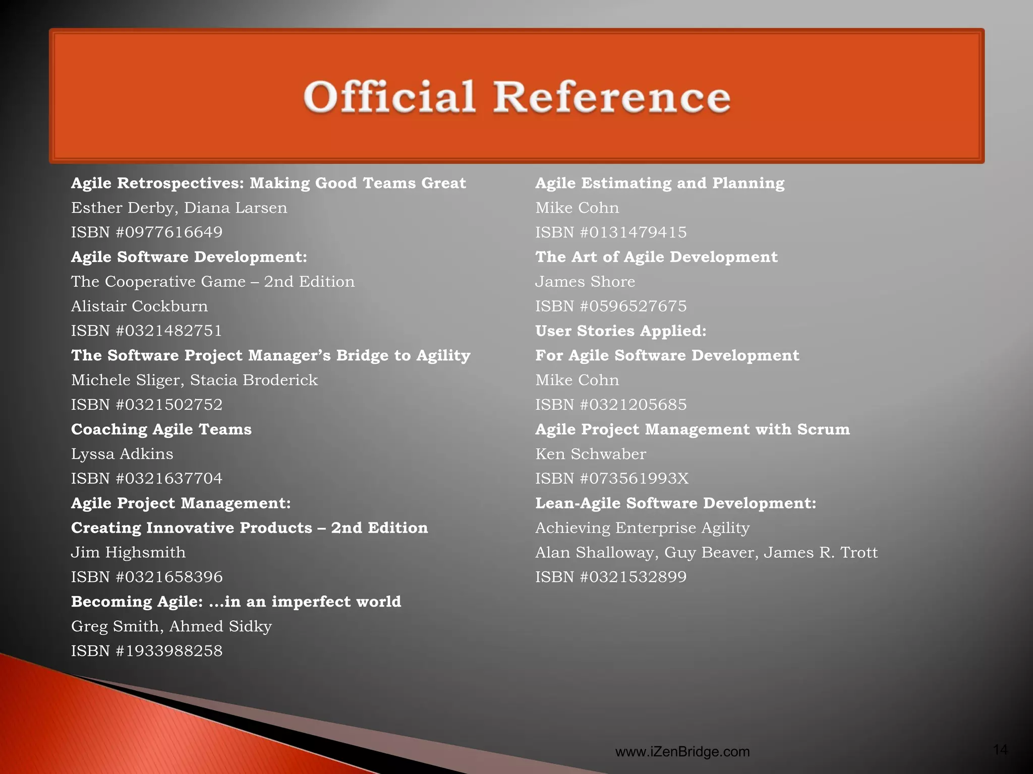 Agile Retrospectives: Making Good Teams Great      Agile Estimating and Planning
Esther Derby, Diana Larsen                         Mike Cohn
ISBN #0977616649                                   ISBN #0131479415
Agile Software Development:                        The Art of Agile Development
The Cooperative Game – 2nd Edition                 James Shore
Alistair Cockburn                                  ISBN #0596527675
ISBN #0321482751                                   User Stories Applied:
The Software Project Manager’s Bridge to Agility   For Agile Software Development
Michele Sliger, Stacia Broderick                   Mike Cohn
ISBN #0321502752                                   ISBN #0321205685
Coaching Agile Teams                               Agile Project Management with Scrum
Lyssa Adkins                                       Ken Schwaber
ISBN #0321637704                                   ISBN #073561993X
Agile Project Management:                          Lean-Agile Software Development:
Creating Innovative Products – 2nd Edition         Achieving Enterprise Agility
Jim Highsmith                                      Alan Shalloway, Guy Beaver, James R. Trott
ISBN #0321658396                                   ISBN #0321532899
Becoming Agile: ...in an imperfect world
Greg Smith, Ahmed Sidky
ISBN #1933988258




                                                             www.iZenBridge.com                 14
 