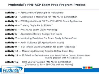 Prudential’s PMI-ACP Exam Prep Program Process
Activity 1 — Assessment of participants individually
Activity 2 — Orientation & Mentoring for PMI-ACP® Certification
Activity 3 — PMI Registration & Fill The PMI-ACP® Exam Application
Activity 4 — Training “Agile PM & SCRUM”
Activity 5 — PMI-ACP® Exam Cram Workshop
Activity 6 — Application Review & Apply For Exam
Activity 7 — Mentoring/Guideline For Exam Study & Exam Cram
Activity 8 — Audit Guidance (If Application in Audit)
Activity 9 — Full length Exam Simulation for Exam Readiness
Activity 10 — Mentoring/Coaching Session Before Exam Day.
Activity 11 — If Failed in Exam (Review your Result/Failure Causes, Join our Next
Training program With No Tuition Fee)
Activity 12 — Help you to Maintain PMI-ACP® Certification
(Guidance to Earn 30 PDUs with no Money)
 