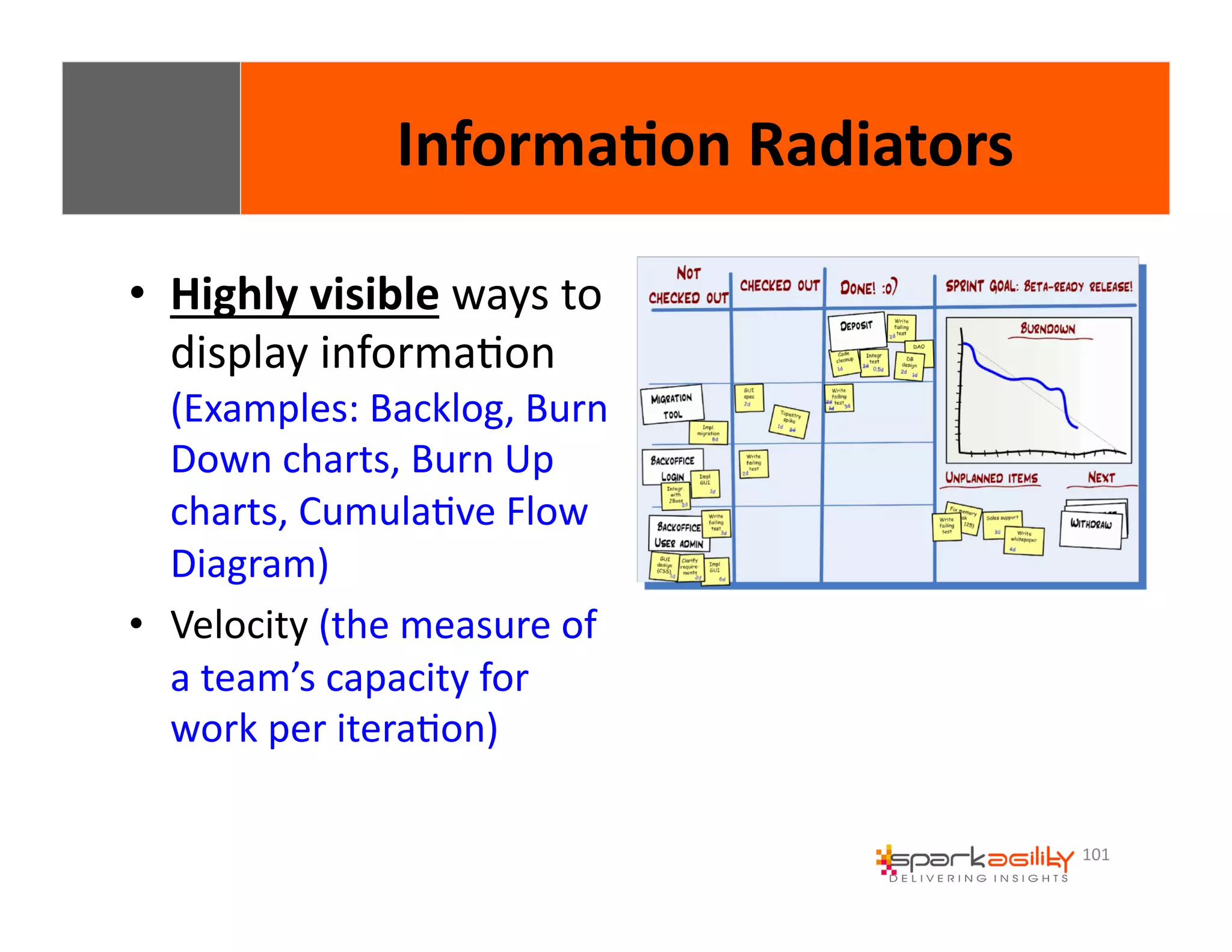 101 
• Highly 
Informa8on 
Radiators 
visible 
ways 
to 
display 
informaEon 
(Examples: 
Backlog, 
Burn 
Down 
charts, 
Burn 
Up 
charts, 
CumulaEve 
Flow 
Diagram) 
• Velocity 
(the 
measure 
of 
a 
team’s 
capacity 
for 
work 
per 
iteraEon) 
 