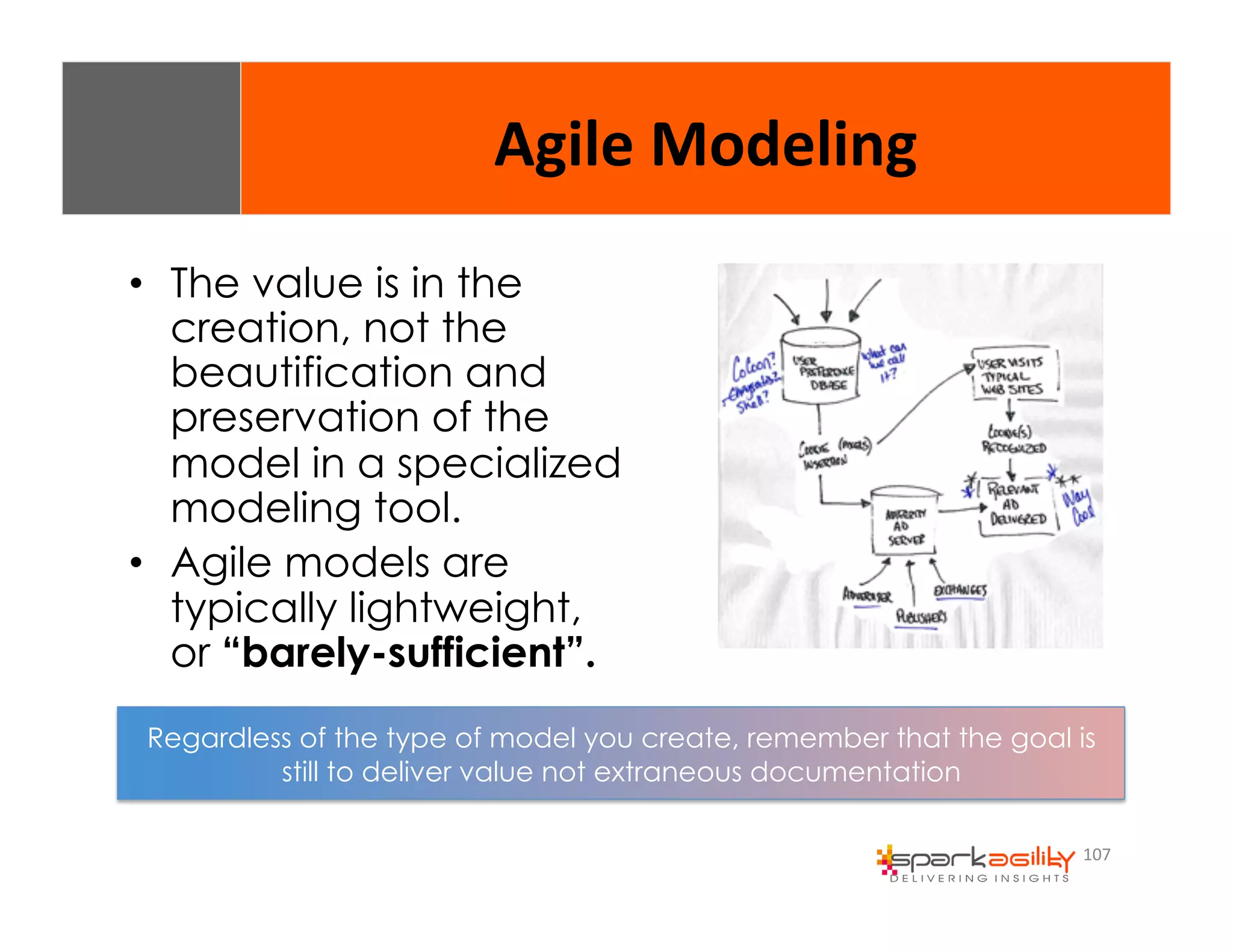 107 
Agile 
Modeling 
• The value is in the 
creation, not the 
beautification and 
preservation of the 
model in a specialized 
modeling tool. 
• Agile models are 
typically lightweight, 
or “barely-sufficient”. 
Regardless of the type of model you create, remember that the goal is 
still to deliver value not extraneous documentation 
 