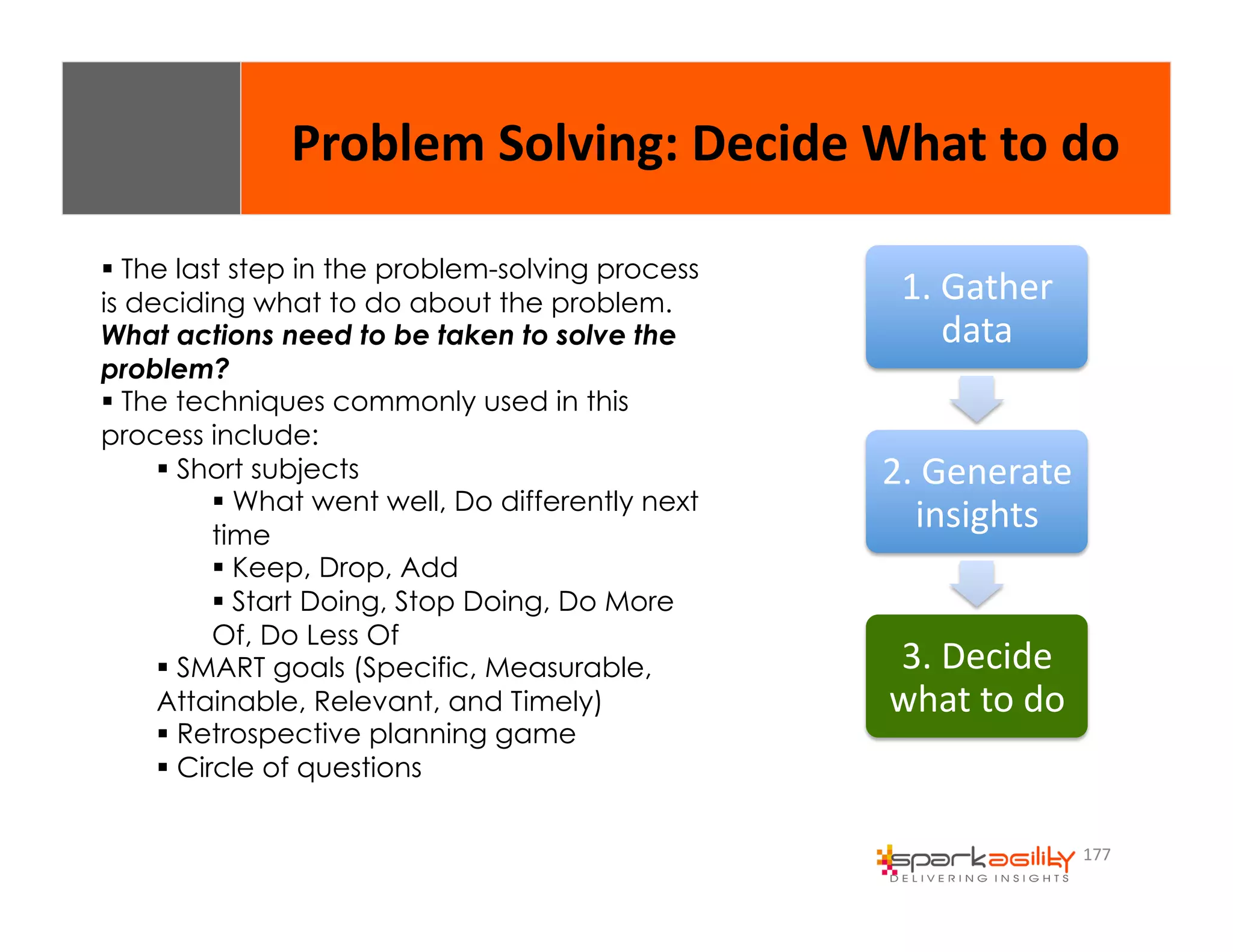 Problem 
Solving: 
Decide 
What 
to 
do 
177 
1. 
Gather 
data 
2. 
Generate 
insights 
3. 
Decide 
what 
to 
do 
$ The last step in the problem-solving process 
is deciding what to do about the problem. 
What actions need to be taken to solve the 
problem? 
$ The techniques commonly used in this 
process include: 
$ Short subjects 
$ What went well, Do differently next 
time 
$ Keep, Drop, Add 
$ Start Doing, Stop Doing, Do More 
Of, Do Less Of 
$ SMART goals (Specific, Measurable, 
Attainable, Relevant, and Timely) 
$ Retrospective planning game 
$ Circle of questions 
 