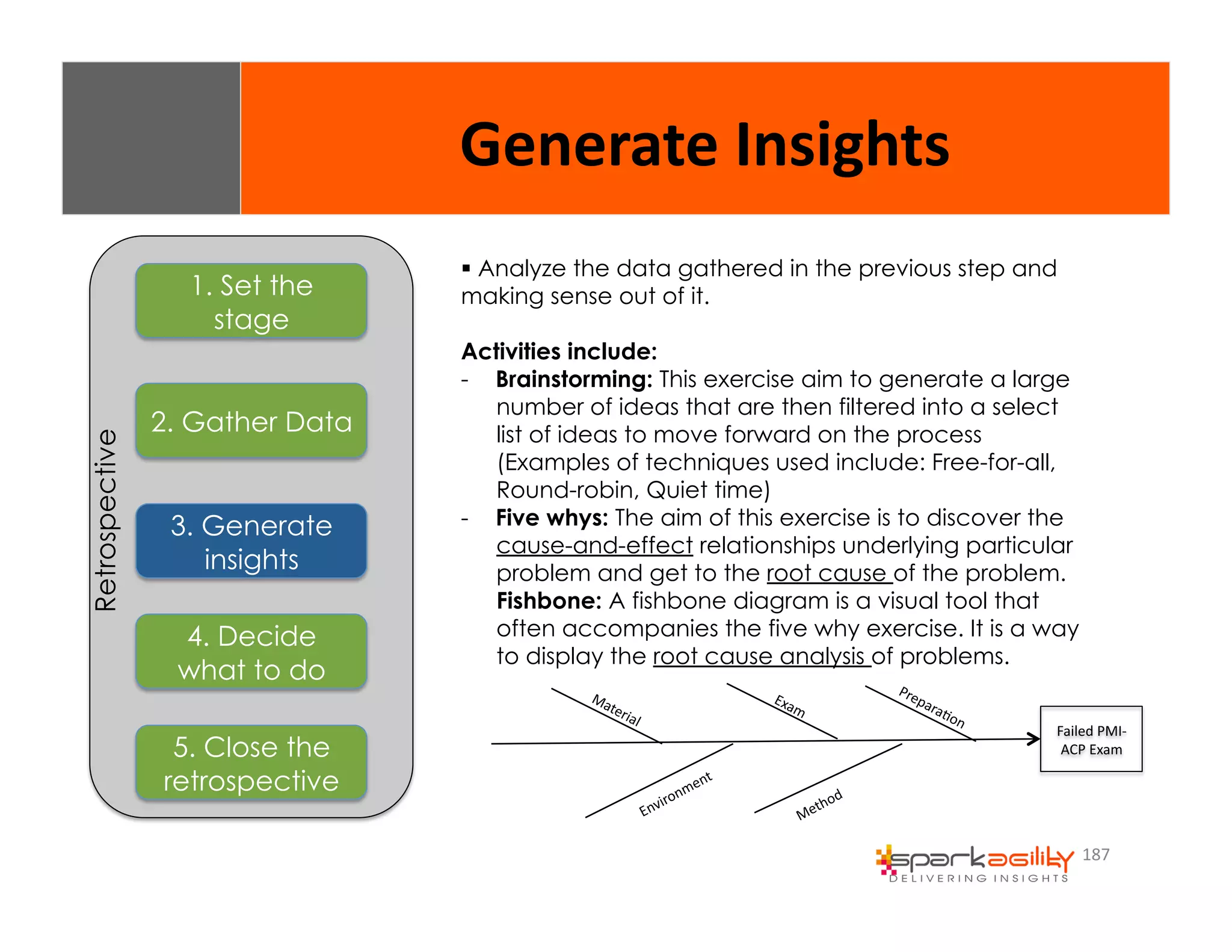 187 
1. Set the 
stage 
2. Gather Data 
3. Generate 
insights 
4. Decide 
what to do 
5. Close the 
retrospective 
Retrospective 
$ Analyze the data gathered in the previous step and 
making sense out of it. 
Activities include: 
- Brainstorming: This exercise aim to generate a large 
number of ideas that are then filtered into a select 
list of ideas to move forward on the process 
(Examples of techniques used include: Free-for-all, 
Round-robin, Quiet time) 
- Five whys: The aim of this exercise is to discover the 
cause-and-effect relationships underlying particular 
problem and get to the root cause of the problem. 
Fishbone: A fishbone diagram is a visual tool that 
often accompanies the five why exercise. It is a way 
to display the root cause analysis of problems. 
Failed 
PMI-­‐ 
ACP 
Exam 
Generate 
Insights 
 