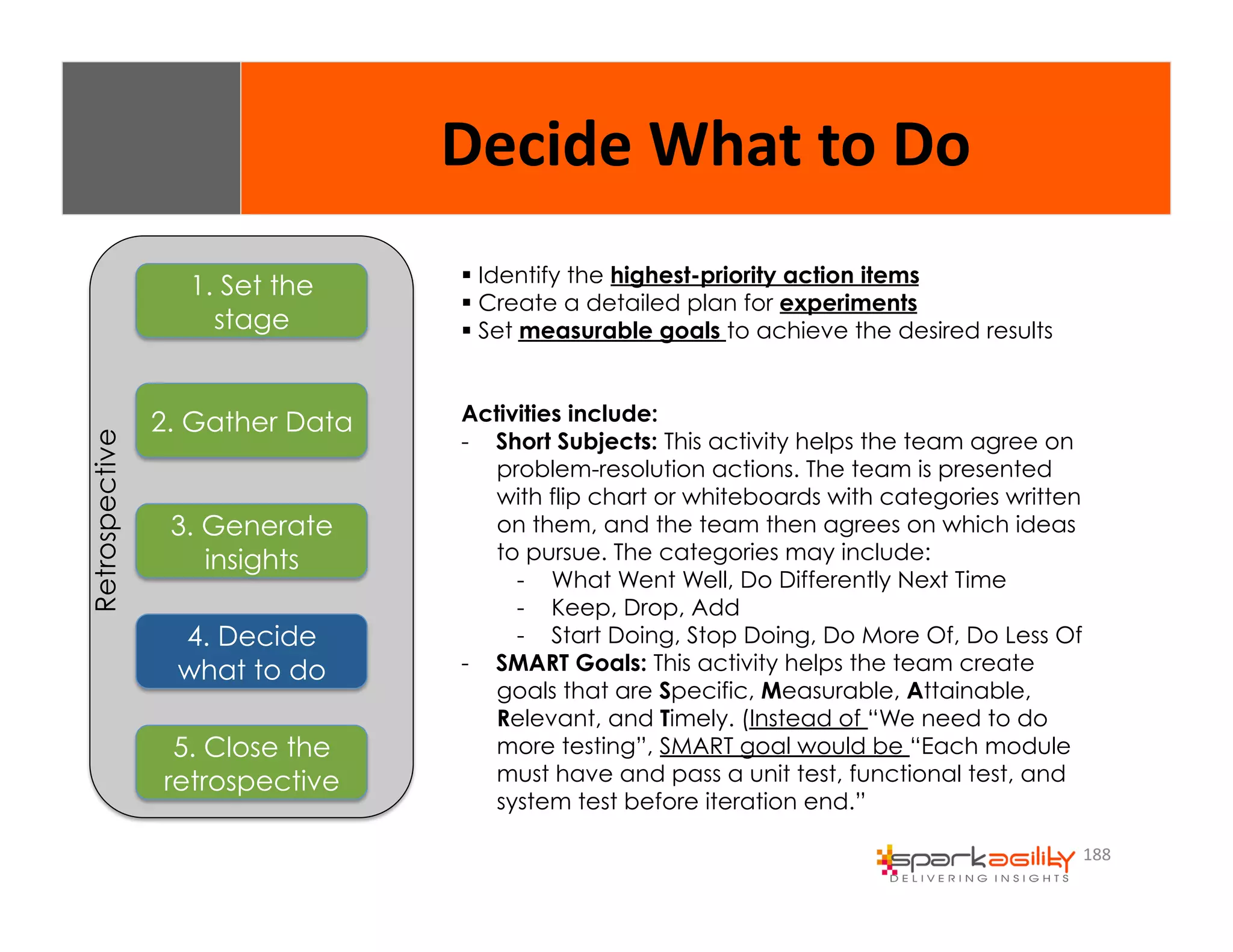 188 
1. Set the 
stage 
2. Gather Data 
3. Generate 
insights 
4. Decide 
what to do 
5. Close the 
retrospective 
Retrospective 
Decide 
What 
to 
Do 
$ Identify the highest-priority action items 
$ Create a detailed plan for experiments 
$ Set measurable goals to achieve the desired results 
Activities include: 
- Short Subjects: This activity helps the team agree on 
problem-resolution actions. The team is presented 
with flip chart or whiteboards with categories written 
on them, and the team then agrees on which ideas 
to pursue. The categories may include: 
- What Went Well, Do Differently Next Time 
- Keep, Drop, Add 
- Start Doing, Stop Doing, Do More Of, Do Less Of 
- SMART Goals: This activity helps the team create 
goals that are Specific, Measurable, Attainable, 
Relevant, and Timely. (Instead of “We need to do 
more testing”, SMART goal would be “Each module 
must have and pass a unit test, functional test, and 
system test before iteration end.” 
 