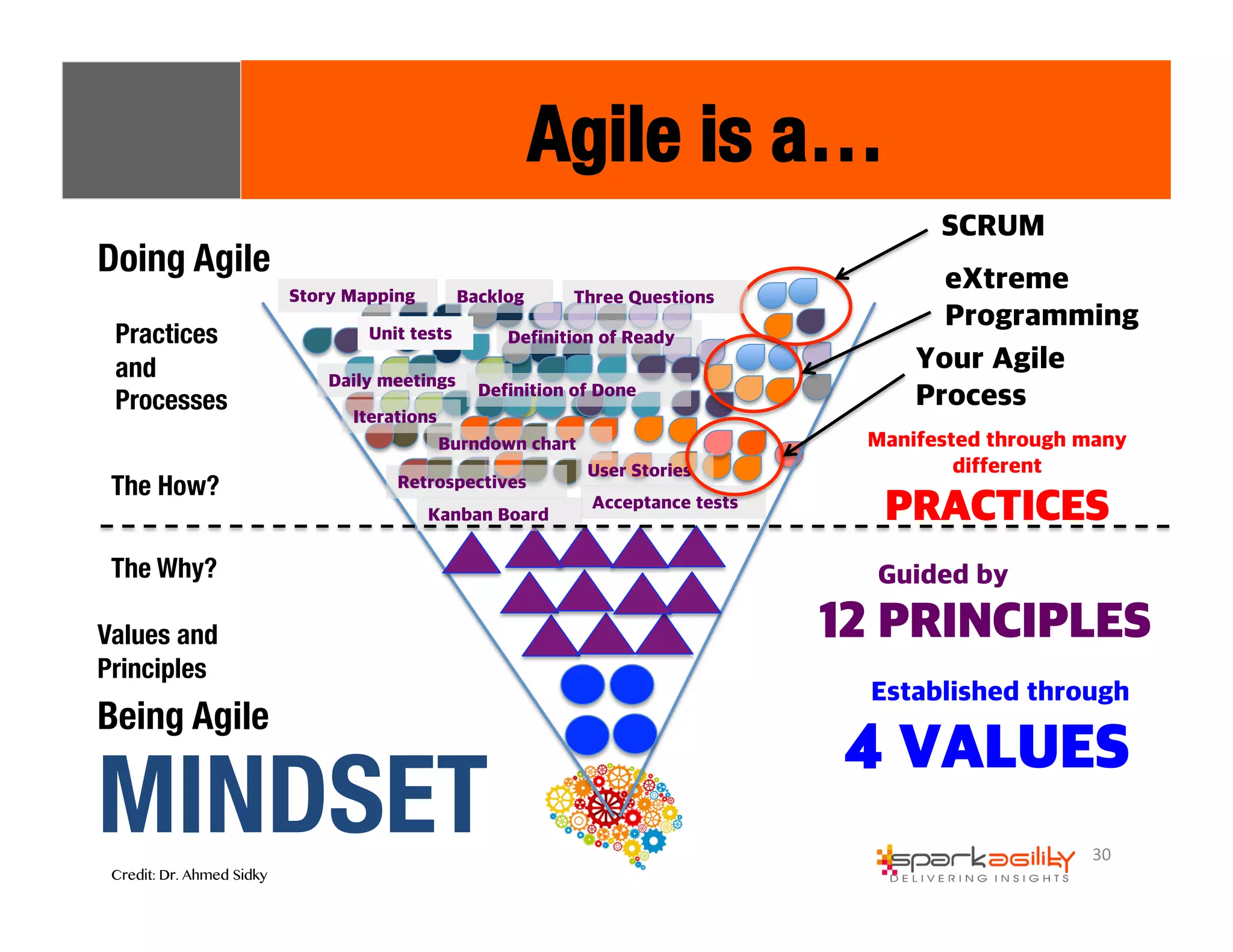 Manifested through many 
different 
PRACTICES 
Established through 
4 VALUES 
30 
Guided by 
12 PRINCIPLES 
Doing Agile 
Practices 
and 
Processes 
The How? 
The Why? 
Values and 
Principles 
Credit: Dr. Ahmed Sidky 
SCRUM 
Story Mapping 
Unit tests 
Daily meetings 
Backlog 
Definition of Ready 
Definition of Done 
Kanban Board 
Three Questions 
Iterations 
Retrospectives 
User Stories 
Burndown chart 
Acceptance tests 
Being Agile 
Agile is a… 
MINDSET 
eXtreme 
Programming 
Your Agile 
Process 
 