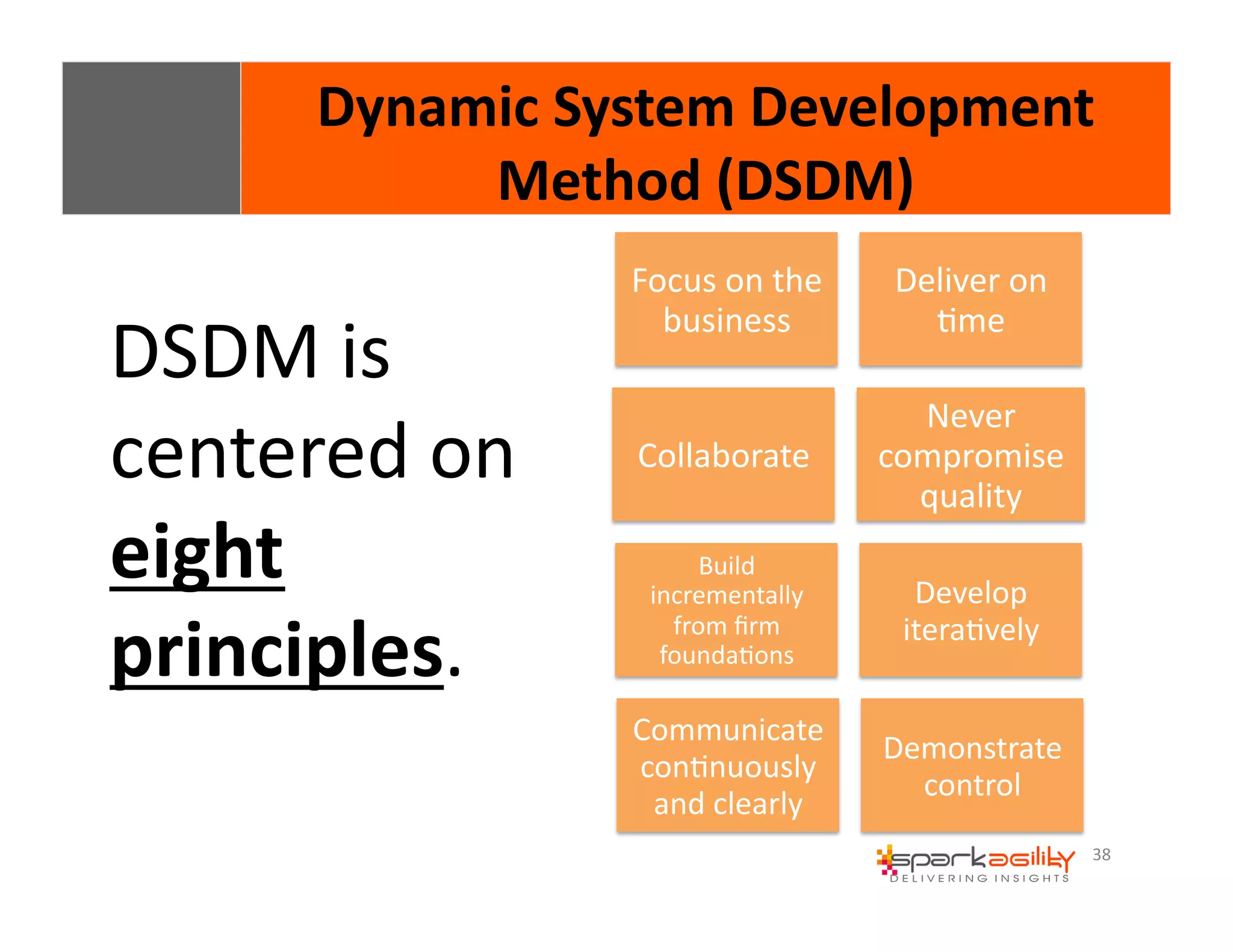 Dynamic 
System 
Development 
38 
Method 
(DSDM) 
Focus 
on 
the 
business 
Deliver 
on 
Eme 
Collaborate 
Never 
compromise 
quality 
Build 
incrementally 
from 
firm 
foundaEons 
Develop 
iteraEvely 
Communicate 
conEnuously 
and 
clearly 
Demonstrate 
control 
DSDM 
is 
centered 
on 
eight 
principles. 
 