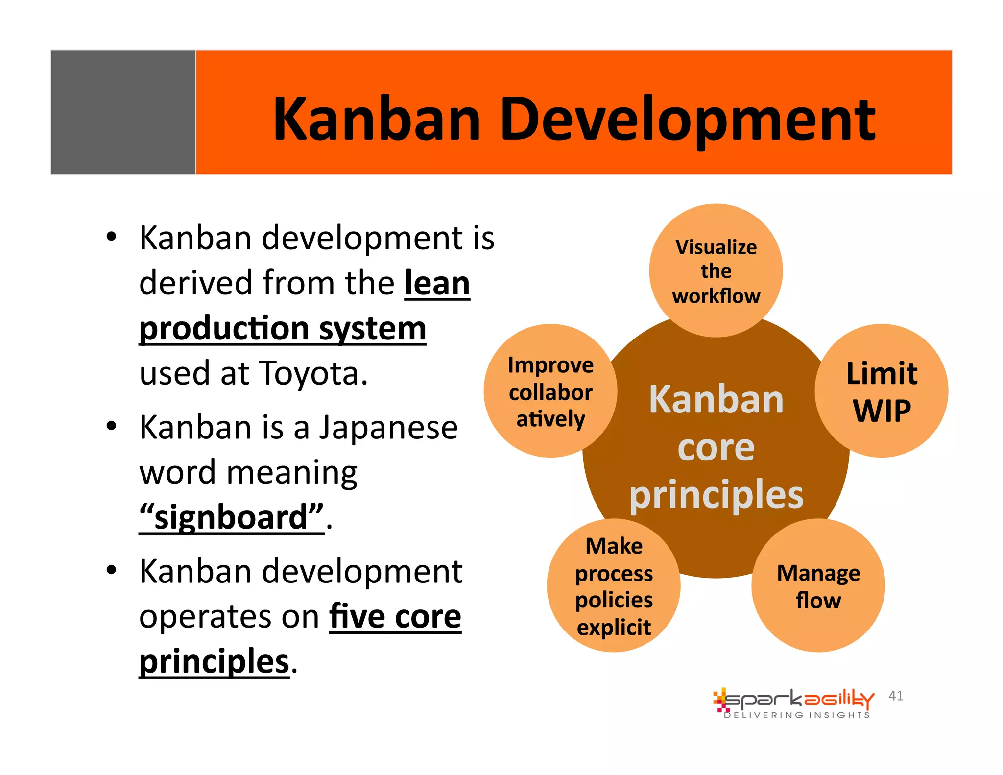 41 
Kanban 
Development 
• Kanban 
development 
is 
derived 
from 
the 
lean 
produc8on 
system 
used 
at 
Toyota. 
• Kanban 
is 
a 
Japanese 
word 
meaning 
“signboard”. 
• Kanban 
development 
operates 
on 
five 
core 
principles. 
Visualize 
the 
workflow 
Kanban 
core 
principles 
Limit 
WIP 
Manage 
flow 
Improve 
collabor 
a8vely 
Make 
process 
policies 
explicit 
 
