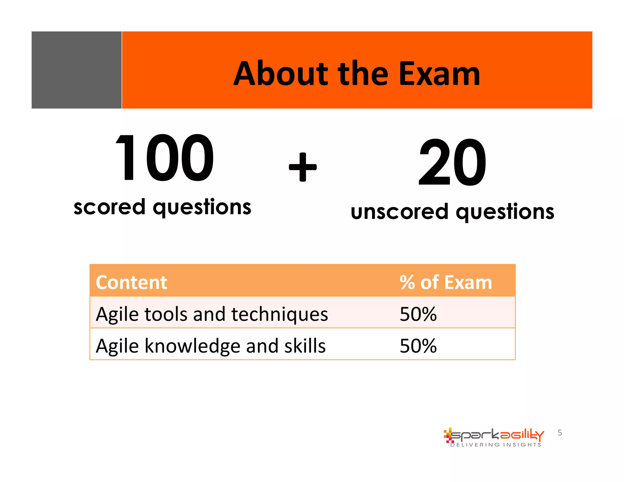 5 
100 
About 
the 
Exam 
scored questions 
20 
unscored questions 
+ 
Content % 
of 
Exam 
Agile 
tools 
and 
techniques 50% 
Agile 
knowledge 
and 
skills 50% 
 
