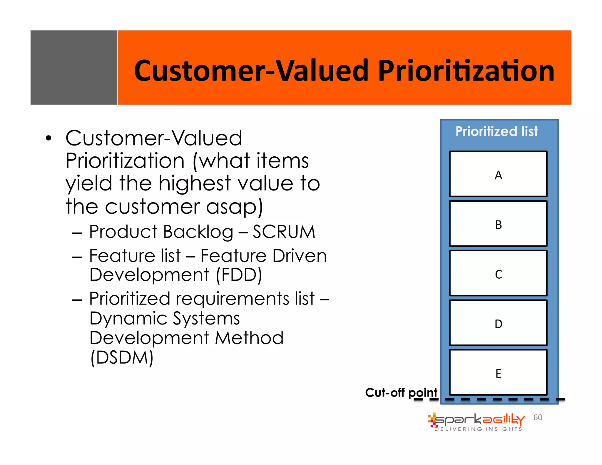 Customer-­‐Valued 
Priori8za8on 
Prioritized list 
60 
• Customer-Valued 
Prioritization (what items 
yield the highest value to 
the customer asap) 
– Product Backlog – SCRUM 
– Feature list – Feature Driven 
Development (FDD) 
– Prioritized requirements list – 
Dynamic Systems 
Development Method 
(DSDM) 
A 
B 
C 
D 
E 
Cut-off point 
 