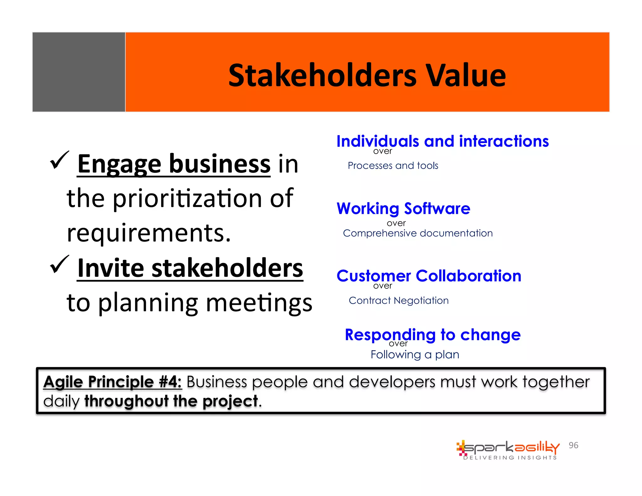 96 
Stakeholders 
Value 
Individuals and interactions 
over 
Processes and tools 
Working Software 
over 
Comprehensive documentation 
Customer Collaboration 
over 
Contract Negotiation 
Responding to change 
over 
Following a plan 
# 
Engage 
business 
in 
the 
prioriEzaEon 
of 
requirements. 
# 
Invite 
stakeholders 
to 
planning 
meeEngs 
Agile Principle #4: Business people and developers must work together 
daily throughout the project. 
 