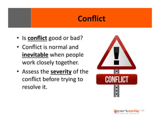 110 
• Is 
Conflict 
conflict 
good 
or 
bad? 
• Conflict 
is 
normal 
and 
inevitable 
when 
people 
work 
closely 
together. 
• Assess 
the 
severity 
of 
the 
conflict 
before 
trying 
to 
resolve 
it. 
 
