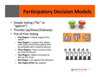 Par8cipatory 
Decision 
Models 
112 
• Simple 
VoEng 
(“for” 
or 
“against”) 
• Thumbs 
Up/Down/Sideways 
• Fist-­‐of-­‐Five 
VoEng 
– Five 
fingers: 
I 
totally 
support 
this 
opEon. 
– Four 
fingers: 
I 
support 
this 
opEon 
with 
some 
minor 
reservaEons 
that 
we 
probably 
don’t 
need 
to 
discuss 
– Three 
fingers: 
I 
have 
concerns 
that 
we 
need 
to 
discuss 
– Two 
fingers: 
I 
object 
and 
want 
to 
discuss 
the 
issue 
– One 
finger: 
I 
am 
against 
this 
decision 
– 
No 
Fingers 
(Fist): 
No 
support 
 