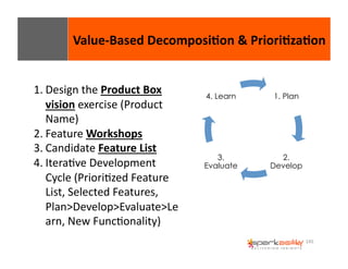 Value-­‐Based 
Decomposi8on 
& 
Priori8za8on 
145 
1. Design 
the 
Product 
Box 
vision 
exercise 
(Product 
Name) 
2. Feature 
Workshops 
3. Candidate 
Feature 
List 
4. IteraEve 
Development 
Cycle 
(PrioriEzed 
Feature 
List, 
Selected 
Features, 
Plan>Develop>Evaluate>Le 
arn, 
New 
FuncEonality) 
1. Plan 
2. 
Develop 
4. Learn 
3. 
Evaluate 
 