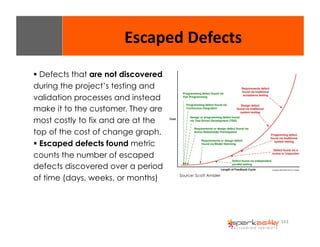 163 
Escaped 
Defects 
$ Defects that are not discovered 
during the project’s testing and 
validation processes and instead 
make it to the customer. They are 
most costly to fix and are at the 
top of the cost of change graph. 
$ Escaped defects found metric 
counts the number of escaped 
defects discovered over a period 
of time (days, weeks, or months) Source: Scott Ambler 
 