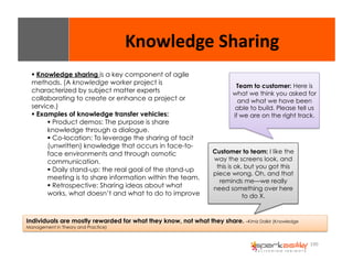 190 
Knowledge 
Sharing 
$ Knowledge sharing is a key component of agile 
methods. (A knowledge worker project is 
characterized by subject matter experts 
collaborating to create or enhance a project or 
service.) 
$ Examples of knowledge transfer vehicles: 
$ Product demos: The purpose is share 
knowledge through a dialogue. 
$ Co-location: To leverage the sharing of tacit 
(unwritten) knowledge that occurs in face-to-face 
environments and through osmotic 
communication. 
$ Daily stand-up: the real goal of the stand-up 
meeting is to share information within the team. 
$ Retrospective: Sharing ideas about what 
works, what doesn’t and what to do to improve 
Team to customer: Here is 
what we think you asked for 
and what we have been 
able to build. Please tell us 
if we are on the right track. 
Customer to team: I like the 
way the screens look, and 
this is ok, but you got this 
piece wrong. Oh, and that 
reminds me—we really 
need something over here 
to do X. 
Individuals are mostly rewarded for what they know, not what they share. –Kimiz Dalkir (Knowledge 
Management in Theory and Practice) 
 