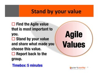 25 
Stand 
by 
your 
value 
! Find the Agile value 
that is most important to 
you. 
! Stand by your value 
and share what made you 
choose this value. 
! Report back to the 
group. 
Agile 
Values 
Timebox: 5 minutes 
 