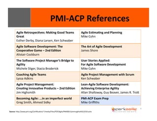 4 
PMI-­‐ACP 
References 
Agile 
Retrospec8ves: 
Making 
Good 
Teams 
Great 
Esther 
Derby, 
Diana 
Larsen, 
Ken 
Schwaber 
Agile 
Es8ma8ng 
and 
Planning 
Mike 
Cohn 
Agile 
SoIware 
Development: 
The 
Coopera8ve 
Game 
– 
2nd 
Edi8on 
Alistair 
Cockburn 
The 
Art 
of 
Agile 
Development 
James 
Shore 
The 
SoIware 
Project 
Manager’s 
Bridge 
to 
Agility 
Michele 
Sliger, 
Stacia 
Broderick 
User 
Stories 
Applied: 
For 
Agile 
SoIware 
Development 
Mike 
Cohn 
Coaching 
Agile 
Teams 
Lyssa 
Adkins 
Agile 
Project 
Management 
with 
Scrum 
Ken 
Schwaber 
Agile 
Project 
Management: 
Crea8ng 
Innova8ve 
Products 
– 
2nd 
Edi8on 
Jim 
Highsmith 
Lean-­‐Agile 
SoIware 
Development: 
Achieving 
Enterprise 
Agility 
Allan 
Shalloway, 
Guy 
Beaver, 
James 
R. 
TroW 
Becoming 
Agile: 
...in 
an 
imperfect 
world 
Greg 
Smith, 
Ahmed 
Sidky 
PMI-­‐ACP 
Exam 
Prep 
Mike 
Griffiths 
Source: 
hWp://www.pmi.org/CerEficaEon/~/media/Files/PDF/Agile/PMI000-­‐GainInsightsAIGLE418.ashx 
 