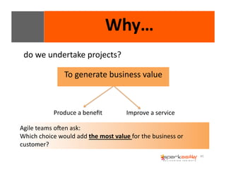 45 
Why… 
do 
we 
undertake 
projects? 
To 
generate 
business 
value 
Produce 
a 
benefit 
Improve 
a 
service 
Agile 
teams 
ogen 
ask: 
Which 
choice 
would 
add 
the 
most 
value 
for 
the 
business 
or 
customer? 
 