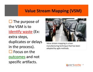 54 
Value 
Stream 
Mapping 
(VSM) 
! 
The 
purpose 
of 
the 
VSM 
is 
to 
idenEfy 
waste 
(Ex: 
extra 
steps, 
duplicates 
or 
delays 
in 
the 
process). 
! 
Focus 
on 
the 
outcomes 
and 
not 
specific 
arEfacts. 
Value 
stream 
mapping 
is 
a 
lean 
manufacturing 
technique 
that 
has 
been 
adopted 
by 
agile 
methods. 
 
