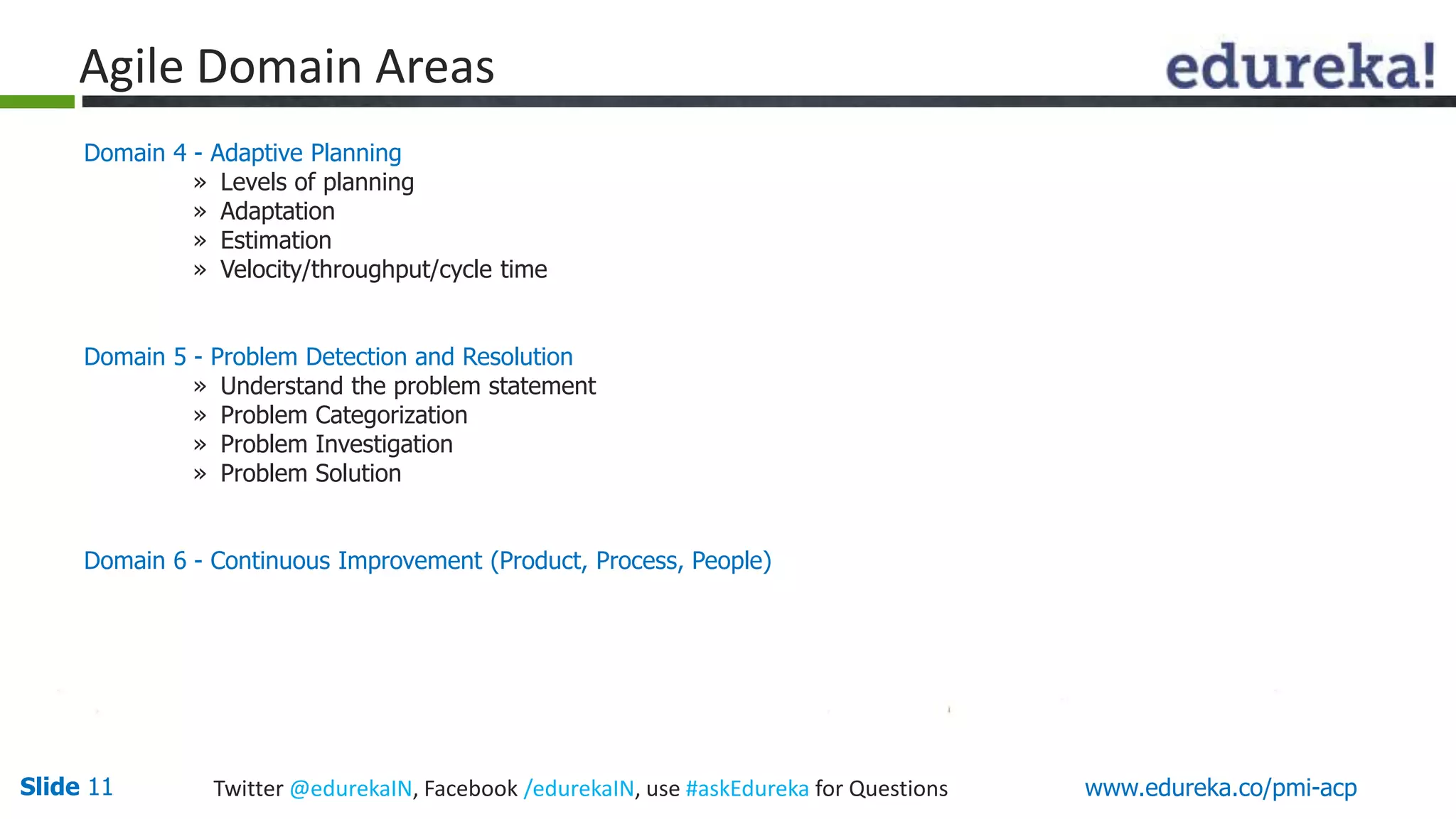 Agile Domain Areas 
Domain 4 - Adaptive Planning 
» Levels of planning 
» Adaptation 
» Estimation 
» Velocity/throughput/cycle time 
Domain 5 - Problem Detection and Resolution 
» Understand the problem statement 
» Problem Categorization 
» Problem Investigation 
» Problem Solution 
Domain 6 - Continuous Improvement (Product, Process, People) 
Slide 11 Twitter @edurekaIN, Facebook /edurekaIN, use #askEdureka for Questions www.edureka.co/pmi-acp 
 