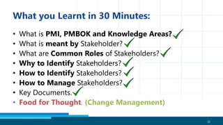• What is PMI, PMBOK and Knowledge Areas?
• What is meant by Stakeholder?
• What are Common Roles of Stakeholders?
• Why to Identify Stakeholders?
• How to Identify Stakeholders?
• How to Manage Stakeholders?
• Key Documents.
• Food for Thought. (Change Management)
22
 