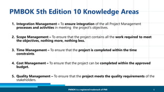 1. Integration Management – To ensure integration of the all Project Management
processes and activities in meeting the project's objectives.
2. Scope Management – To ensure that the project contains all the work required to meet
the objectives, nothing more, nothing less.
3. Time Management – To ensure that the project is completed within the time
constraints.
4. Cost Management – To ensure that the project can be completed within the approved
budget.
5. Quality Management – To ensure that the project meets the quality requirements of the
stakeholders.
6PMBOK is a registered trademark of PMI
 
