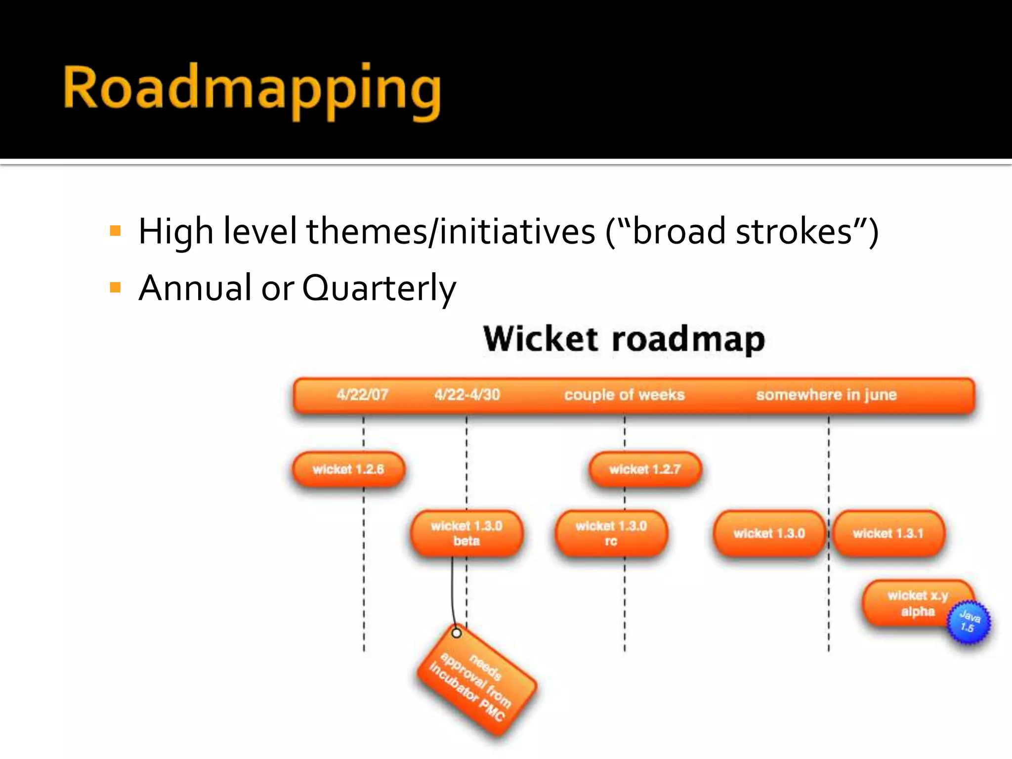  High level themes/initiatives (“broad strokes”)
 Annual or Quarterly
 