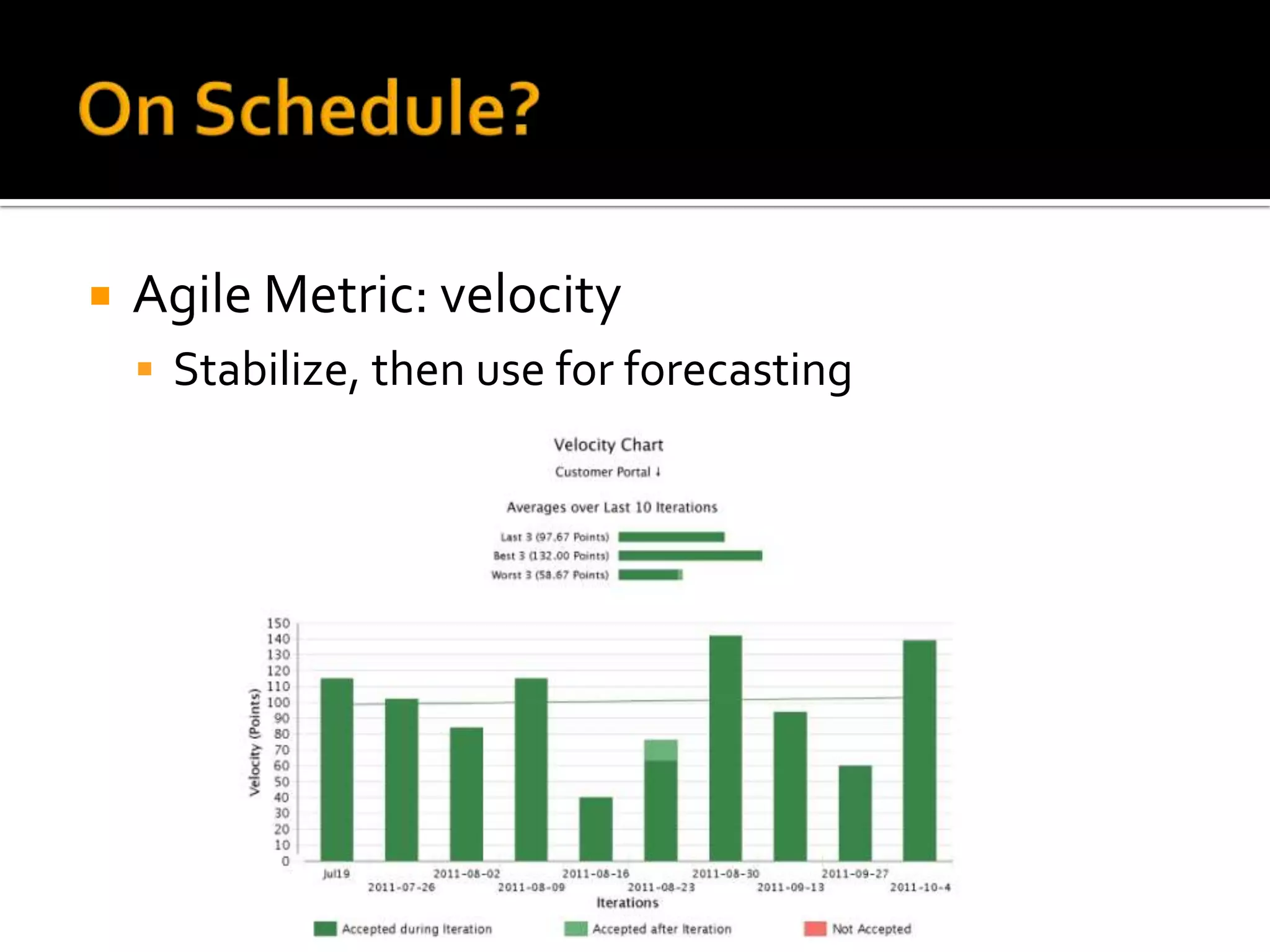    Agile Metric: velocity
     Stabilize, then use for forecasting
 
