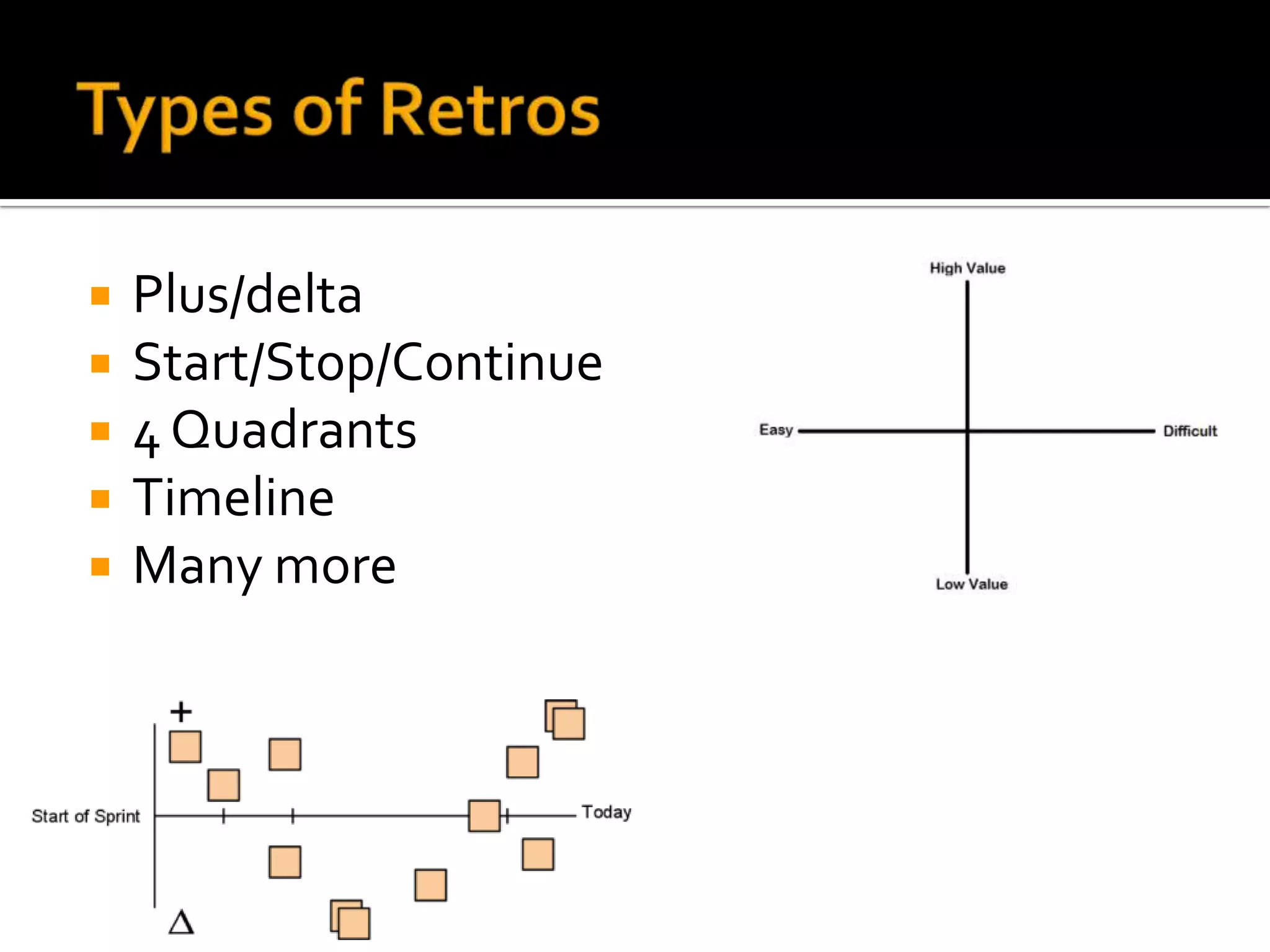    Plus/delta
   Start/Stop/Continue
   4 Quadrants
   Timeline
   Many more
 