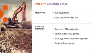 Overview  120 Questions
 Total Duration of 230 min
 Contracts Management
 Stakeholder Engagement
 Strategy and Scope Management
 Project Governance
Primary
Domains
PMI-CP™ CAPSTONE EXAM
17
 