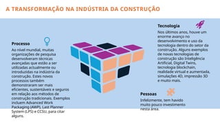 Processo
Ao nível mundial, muitas
organizações de pesquisa
desenvolveram técnicas
avançadas que estão a ser
utilizadas actualmente ou
introduzidas na indústria da
construção. Estes novos
processos também
demonstraram ser mais
eficientes, sustentáveis e seguros
em relação aos métodos de
construção tradicionais. Exemplos
incluem Advanced Work
Packaging (AWP), Last Planner
System (LPS) e CCSU, para citar
alguns.
Pessoas
Infelizmente, tem havido
muito pouco investimento
nesta área.
Tecnologia
Nos últimos anos, houve um
enorme avanço no
desenvolvimento e uso da
tecnologia dentro do setor da
construção. Alguns exemplos
de novas tecnologias de
construção são Inteligência
Artificial, Digital Twins,
tecnologia blockchain,
realidade virtual e aumentada,
simulações 4D, impressão 3D
e muito mais.
A TRANSFORMAÇÃO NA INDÚSTRIA DA CONSTRUÇÃO
 