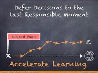 Defer Decisions to the 
last Responsible Moment 
SDmuamrtbeesstt PPooiinntt?? 
x 
z 
Accelerate Learning 
Copyright @ 2014 Agile Velocity, LLC All Rights Reserved. Agile Velocity Proprietary 
 