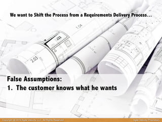 We want to Shift the Process from a Requirements Delivery Process… 
False Assumptions: 
1. The customer knows what he wants 
14 
Copyright @ 2014 Agile Velocity, LLC All Rights Reserved. Agile Velocity Proprietary 
 