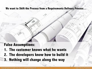 We want to Shift the Process from a Requirements Delivery Process… 
False Assumptions: 
1. The customer knows what he wants 
2. The developers know how to build it 
3. Nothing will change along the way 
14 
Copyright @ 2014 Agile Velocity, LLC All Rights Reserved. Agile Velocity Proprietary 
 