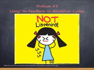 Problem #3 
Long/ No Feedback or Validation Cycles 
http://www.skinit.com/assets/catalog/jumbo_shot/jumbo_shot57479340.jpg 
Copyright @ 2014 Agile Velocity, LLC All Rights Reserved. Agile Velocity Proprietary 
 