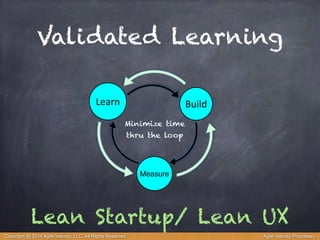 Validated Learning 
Learn Build 
Minimize time 
thru the loop 
Measure 
Lean Startup/ Lean UX 
Copyright @ 2014 Agile Velocity, LLC All Rights Reserved. Agile Velocity Proprietary 
 
