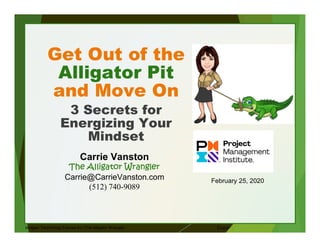 Copyright © 2019, TFI – Carrie Vanston
1
Get Out of the
Alligator Pit
and Move On
3 Secrets for
Energizing Your
Mindset
Images: Technology Futures Inc./The Alligator Wrangler
Carrie Vanston
The Alligator Wrangler
Carrie@CarrieVanston.com
(512) 740-9089
February 25, 2020
 