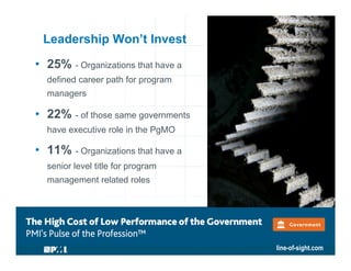 Leadership Won’t Invest
•  25% - Organizations that have a
defined career path for program
managers

•  22% - of those same governments
have executive role in the PgMO

•  11% - Organizations that have a
senior level title for program
management related roles

line-of-sight.com

 