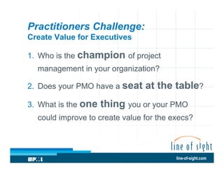 Practitioners Challenge:
Create Value for Executives
1.  Who is the champion of project
management in your organization?
2.  Does your PMO have a seat
3.  What is the one

at the table?

thing you or your PMO

could improve to create value for the execs?

line-of-sight.com

 