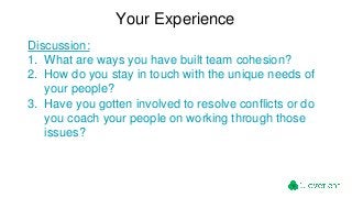 Your Experience
Discussion:
1. What are ways you have built team cohesion?
2. How do you stay in touch with the unique nee...
