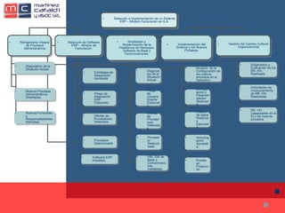 Selección e Implementación de un Sistema ERP – Módulo Facturación en S.A. Reingeniería Integral de Procesos Administrativos Selección de Software ERP – Módulo de Facturación. Ampliación y Modernización de la Plataforma de Hardware, Software de Base y Comunicaciones. Diagnóstico de la Situación Actual Implementación del Sistema y los Nuevos Procesos. Gestión del Cambio Cultural Organizacional Diagnóstico de la Situación Actual. Nuevos Procesos Administrativos Diseñados. Nuevas Funciones y Responsabilidades Definidas.  Estrategia de Adquisición Aprobada Pliego de Adquisición ERP Elaborado. Pliego de Compra Directa Elaborado.  Ofertas de Proveedores Obtenidas. Alcance  de la Configuración de los nuevos procesos en el Aplicativo.  Configuración y Parametrización Realizada. Vuelco de datos  Históricos Ejecutado. Diagnostico y Evaluación de los RR. HH. Realizada. Actividades de involucramiento de RR. HH. Realizadas. RR. HH. Capacitados en el SI y los nuevos procesos. Ofertas de Proveedores Obtenidas HW, SW de Base y  Comunicaciones  Instaladas. Homologación Aprobada. Puesta en Producción Proveedor Seleccionado Proveedor Seleccionado Software ERP Instalado. 