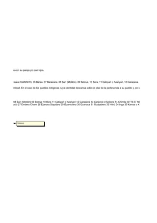 ser otros hijos con su pareja y/o con hijos.



co (IJKA), 05 Awa (CUAIKER), 06 Barea, 07 Barazana, 08 Barí (Motilón), 09 Betoye, 10 Bora, 11 Cabiyari o Kawiyarí, 12 Carapana, 13 Carijona o Kar
om
ciones de identidad. En el caso de los pueblos indígenas cuya identidad descansa sobre el pilar de la pertenencia a su pueblo y, en segunda instancia




07 Barazana 08 Barí (Motilón) 09 Betoye 10 Bora 11 Cabiyari o Kawiyarí 12 Carapana 13 Carijona o Karijona 14 Chimila (ETTE E´ NEKA) 15 Chiricoa
o o Embera Katío 27 Embera Chami 28 Eperara Siapidara 29 Guambiano 30 Guanaca 31 Guayabero 33 Hitnú 34 Inga 35 Kamsa o Kamëntsá 36 Kogu




                Gitanos
 