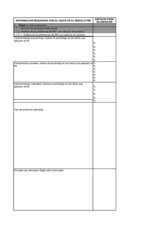 ESPACIO PARA
 INFORMACION REQUERIDA POR EL SIGCE EN EL MODULO PMI
                                                                             DILIGENCIAR
1.     Etapa 1: Auto evaluación
1.1.    Revisión de identidad institucional
1.1.2.  Análisis de la pertinencia del PEI con relación al contexto
1.1.2.1.  Análisis de la pertinencia del PEI con relación al contexto
Características económicas: Indicar el porcentaje en los items que
apliquen al EE
                                                                          %
                                                                            %
                                                                            %
                                                                            %
                                                                            %
                                                                            %
Cracterísticas sociales: Indicar el porcentaje en los items que apliquen al %
EE                                                                          %
                                                                            %
                                                                            %
                                                                            %
                                                                            %
                                                                            %
Características culturales: Indicar el porcentaje en los items que
apliquen al EE.                                                             %
                                                                            %
                                                                          %
                                                                          %
                                                                          %


Tipo de población atendida




Principal uso del suelo: Elegir sólo el principal
 