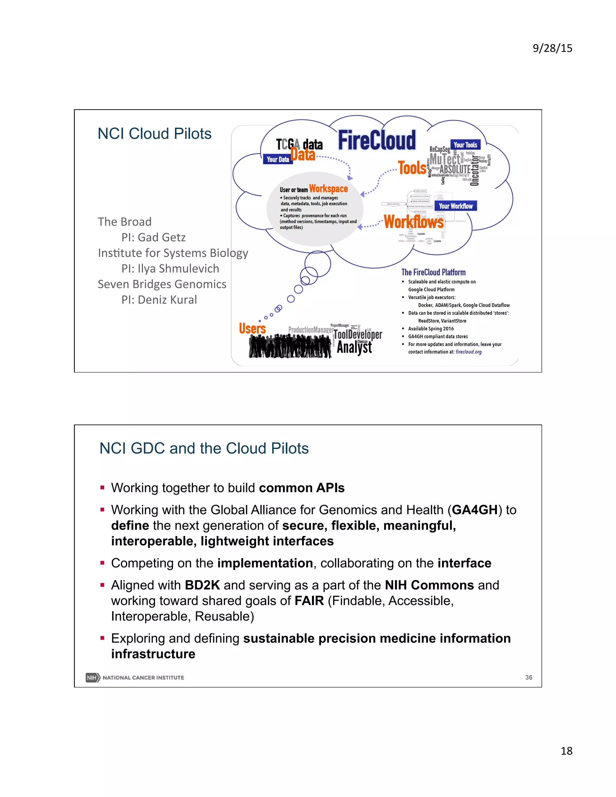 9/28/15	
  
18	
  
NCI Cloud Pilots
The	
  Broad	
  
	
  PI:	
  Gad	
  Getz	
  
InsStute	
  for	
  Systems	
  Biology	
  
	
  PI:	
  Ilya	
  Shmulevich	
  
Seven	
  Bridges	
  Genomics	
  
	
  PI:	
  Deniz	
  Kural	
  
36
NCI GDC and the Cloud Pilots
§  Working together to build common APIs
§  Working with the Global Alliance for Genomics and Health (GA4GH) to
define the next generation of secure, flexible, meaningful,
interoperable, lightweight interfaces
§  Competing on the implementation, collaborating on the interface
§  Aligned with BD2K and serving as a part of the NIH Commons and
working toward shared goals of FAIR (Findable, Accessible,
Interoperable, Reusable)
§  Exploring and defining sustainable precision medicine information
infrastructure
 