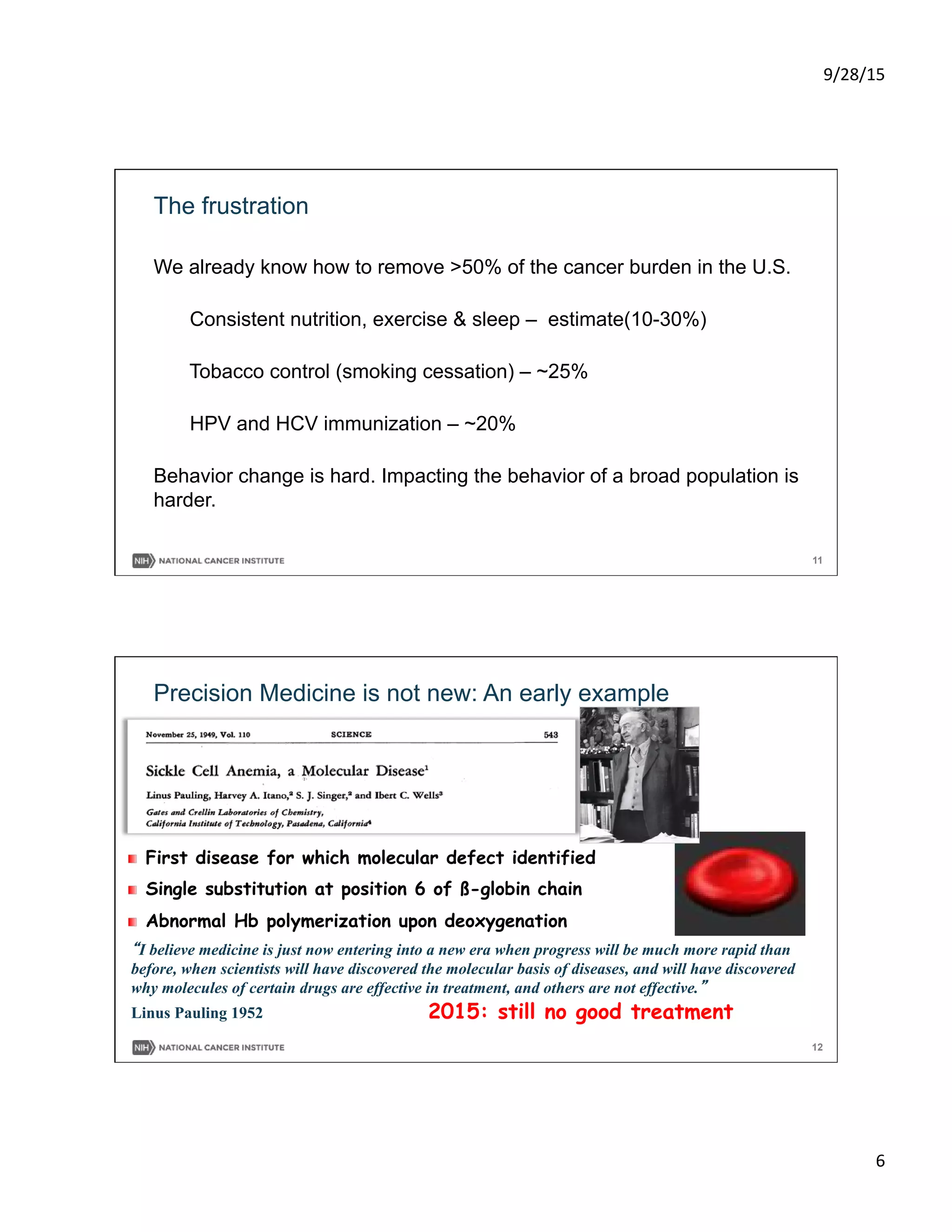 9/28/15	
  
6	
  
11
The frustration
We already know how to remove >50% of the cancer burden in the U.S.
Consistent nutrition, exercise & sleep – estimate(10-30%)
Tobacco control (smoking cessation) – ~25%
HPV and HCV immunization – ~20%
Behavior change is hard. Impacting the behavior of a broad population is
harder.
12
Precision Medicine is not new: An early example
First disease for which molecular defect identified
Single substitution at position 6 of ß-globin chain
Abnormal Hb polymerization upon deoxygenation
“I believe medicine is just now entering into a new era when progress will be much more rapid than
before, when scientists will have discovered the molecular basis of diseases, and will have discovered
why molecules of certain drugs are effective in treatment, and others are not effective.”
Linus Pauling 1952 2015: still no good treatment
 