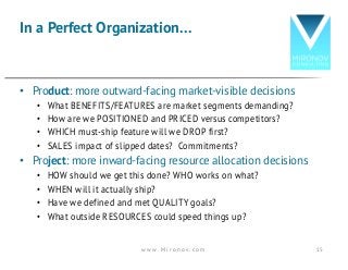 • Product: more outward-facing market-visible decisions
• What BENEFITS/FEATURES are market segments demanding?
• How are we POSITIONED and PRICED versus competitors?
• WHICH must-ship feature will we DROP first?
• SALES impact of slipped dates? Commitments?
• Project: more inward-facing resource allocation decisions
• HOW should we get this done? WHO works on what?
• WHEN will it actually ship?
• Have we defined and met QUALITY goals?
• What outside RESOURCES could speed things up?
In a Perfect Organization…
w w w . M i r o n o v . c o m 15
 