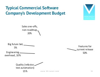 Typical Commercial Software
Company’s Development Budget
Features	for	
current	release	
50%
Quality	(refactor,	
test	automation)	
15%
Engineering	
overhead,	10%
Big	future	bet,	
5%
Sales	one-offs,	
non-roadmap	
20%
w w w . M i r o n o v . c o m 21
 
