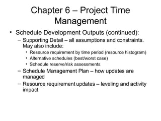 Chapter 6 – Project Time Management Schedule Development Outputs (continued): Supporting Detail – all assumptions and constraints.  May also include: Resource requirement by time period (resource histogram) Alternative schedules (best/worst case) Schedule reserve/risk assessments Schedule Management Plan – how updates are managed Resource requirement updates – leveling and activity impact 