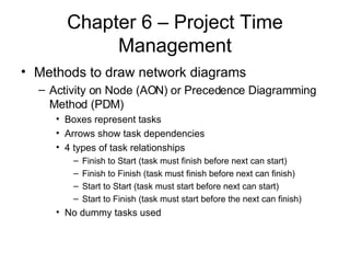 Chapter 6 – Project Time Management Methods to draw network diagrams Activity on Node (AON) or Precedence Diagramming Method (PDM) Boxes represent tasks Arrows show task dependencies 4 types of task relationships Finish to Start (task must finish before next can start) Finish to Finish (task must finish before next can finish) Start to Start (task must start before next can start) Start to Finish (task must start before the next can finish) No dummy tasks used 