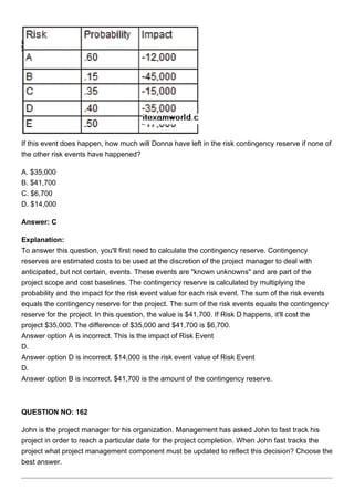 If this event does happen, how much will Donna have left in the risk contingency reserve if none of
the other risk events have happened?
A. $35,000
B. $41,700
C. $6,700
D. $14,000
Answer: C
Explanation:
To answer this question, you'll first need to calculate the contingency reserve. Contingency
reserves are estimated costs to be used at the discretion of the project manager to deal with
anticipated, but not certain, events. These events are "known unknowns" and are part of the
project scope and cost baselines. The contingency reserve is calculated by multiplying the
probability and the impact for the risk event value for each risk event. The sum of the risk events
equals the contingency reserve for the project. The sum of the risk events equals the contingency
reserve for the project. In this question, the value is $41,700. If Risk D happens, it'll cost the
project $35,000. The difference of $35,000 and $41,700 is $6,700.
Answer option A is incorrect. This is the impact of Risk Event
D.
Answer option D is incorrect. $14,000 is the risk event value of Risk Event
D.
Answer option B is incorrect. $41,700 is the amount of the contingency reserve.
QUESTION NO: 162
John is the project manager for his organization. Management has asked John to fast track his
project in order to reach a particular date for the project completion. When John fast tracks the
project what project management component must be updated to reflect this decision? Choose the
best answer.
 
